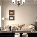 Living And Dining Room Interior With Beige Sofa Black White Geometric Rug Rocking Chair Chandelier