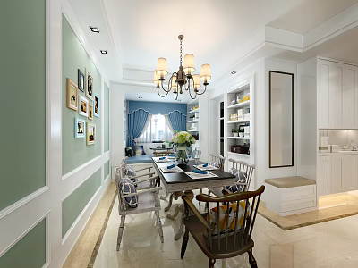 Modern Restaurant Interior With Dining Table Chairs Chandelier Green Walls And Wall Art 3d model