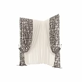 Elegant Brown And White Floral Curtain With Sheer Inner Layer Tiebacks Gray Walls Wooden Floor