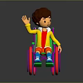 Cartoon Character in Wheelchair Waving with Brown Hair Yellow Jacket and Blue Shoes