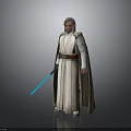 Elderly Jedi Character With Gray Hair Beard White Brown Robe And Blue Lightsaber Standing Pose
