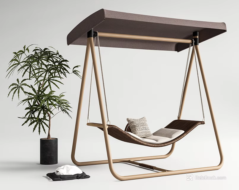 Modern Outdoor Swing Chair with Canopy Metal Frame Soft Cushions and Potted Green Plant 3d model 
