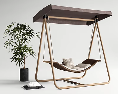 Modern Outdoor Swing Chair with Canopy Metal Frame Soft Cushions and Potted Green Plant 3d model