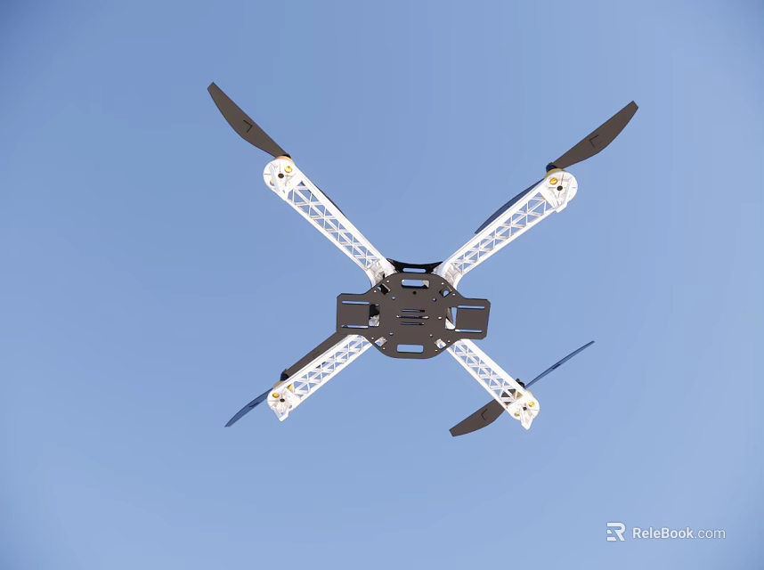 Quadcopter Drone Frame With Four Propellers Flying Against Clear Blue Sky 3d model 