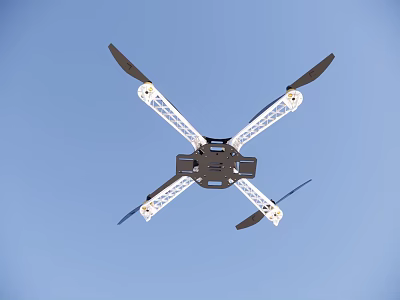 Quadcopter Drone Frame With Four Propellers Flying Against Clear Blue Sky 3d model