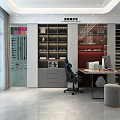 Modern Restaurant Interior With Pink Walls TV Screen White Table Black Chairs And Bookshelves