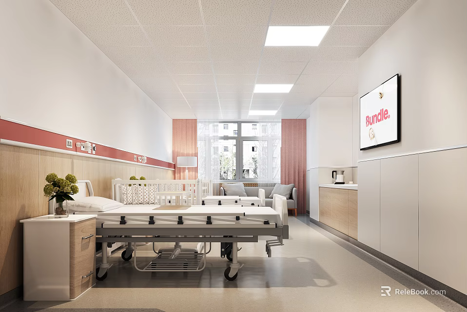 Hospital Outpatient Clinic Interior With White Walls Red Accent Strips And Hospital Beds 3d model 