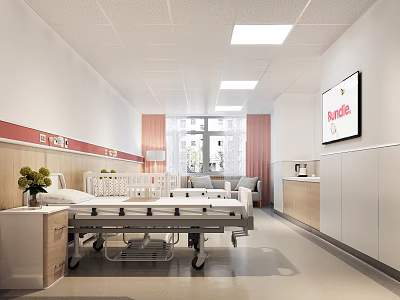 Hospital Outpatient Clinic Interior With White Walls Red Accent Strips And Hospital Beds 3d model