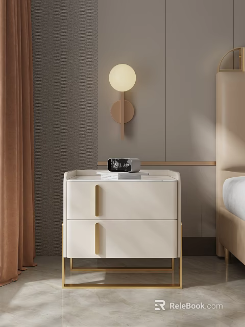 Modern Cream Colored Bedside Table With Drawers Gold Handles And Alarm Clock In Bedroom 3d model 