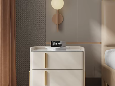 Modern Cream Colored Bedside Table With Drawers Gold Handles And Alarm Clock In Bedroom 3d model
