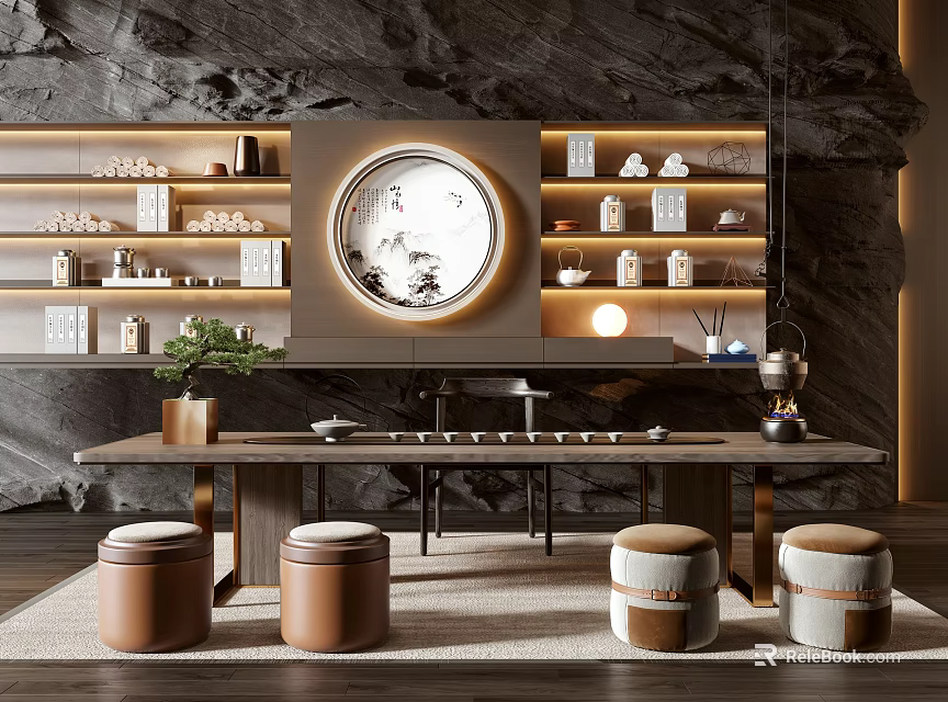 Elegant Tea Table and Chairs Interior with Stone Wall Circular Painting and Tea Sets 3d model 