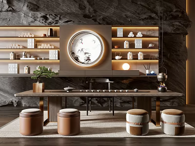 Elegant Tea Table and Chairs Interior with Stone Wall Circular Painting and Tea Sets 3d model