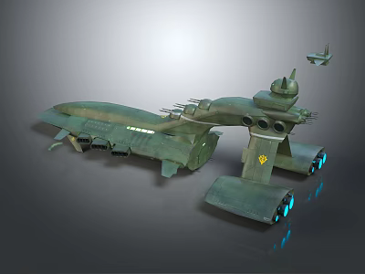 Futuristic Sci Fi Spaceship With Green Hull Multiple Cannons Blue Thrusters And Small Aircraft 3d model