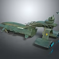 Futuristic Sci Fi Spaceship With Green Hull Multiple Cannons Blue Thrusters And Small Aircraft 3d model