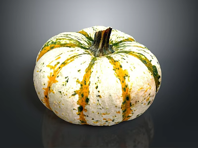 Fresh White and Yellow Striped Pumpkin with Green Spots and Round Shape 3d model