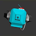 Blue 3D Robot Model With Spiked Head Square Body Green Eyes And Dark Background