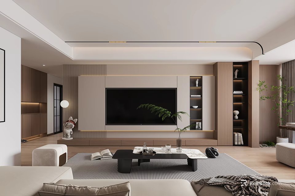 Modern Living Room Interior Design With TV Wall Sofa Coffee Table Green Plant And Bookshelves 3d model 