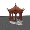 Traditional Chinese Pavilion With Red Roof Wooden Structure And Stone Steps On Gray Ground
