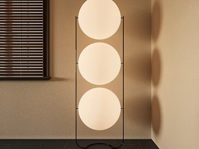Modern Floor Lamp Three Round Globes On Black Metal Frame By Beige Wall With Blinds 3d model