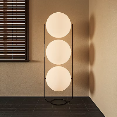 Modern Floor Lamp Three Round Globes On Black Metal Frame By Beige Wall With Blinds 3d model