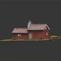 Cartoon Scene Red Cottage With Red Tile Roof Door Windows Green Grass And Black Background