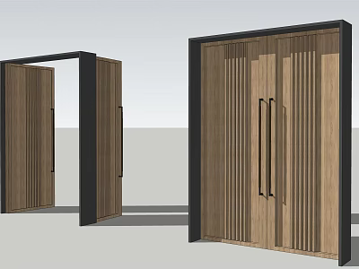 Modern Wooden Double Doors with Vertical Slats and Black Frames Design 3d model