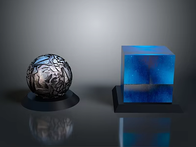 Silver Sphere with Intricate Patterns and Blue Cubes on Black Base with Reflections 3d model