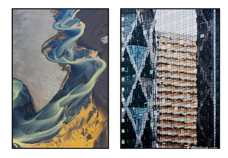 Natural Aerial Winding River Pattern And Modern Glass Building Architecture 3d model 