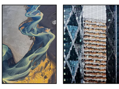 Natural Aerial Winding River Pattern And Modern Glass Building Architecture 3d model