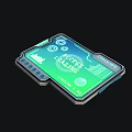 Futuristic Tablet Tech Screen Interface With Green Blue Display Gear Icons Metal Frame Design