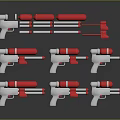 Red and White Toy Gun Models Arranged in Multiple Rows on Reflective Surface