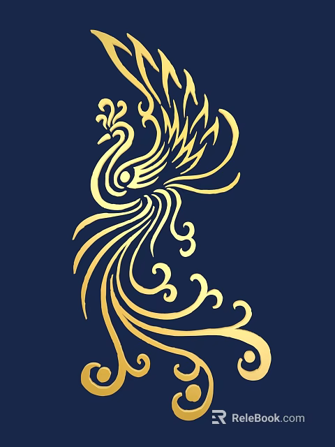Traditional Golden Phoenix Carving Design with Elegant Curved Patterns on Dark Blue Background 3d model 