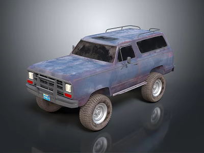 Vintage Blue Off Road Vehicle With Weathered Body Large Tires And Roof Rack 3d model