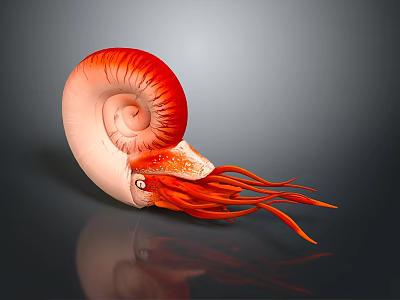 Red Reptile Featuring Spiral Shell and Long Tentacles on Dark Surface 3d model