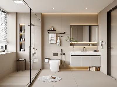 Modern Minimalist Bathroom Interior Design With Glass Shower Vanity Mirror And Storage Cabinets 3d model