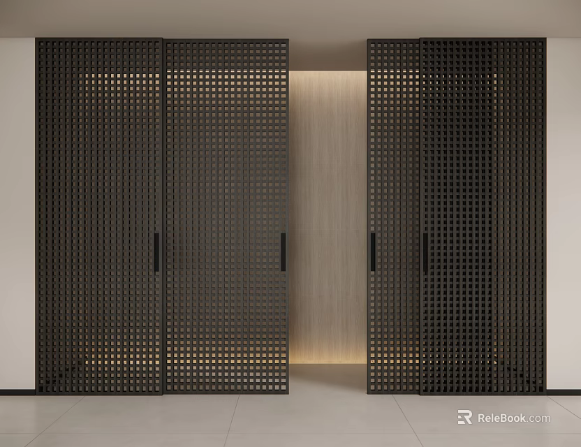 Black Sliding Doors with Perforated Grid Design in Modern Minimalist Interior 3d model 