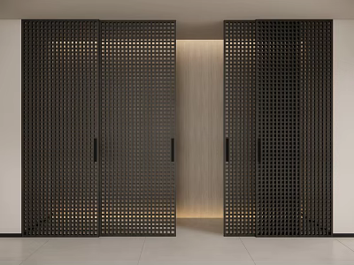 Black Sliding Doors with Perforated Grid Design in Modern Minimalist Interior 3d model