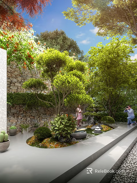 Lush Courtyard Garden Featuring Stone Wall Green Trees Stone Path And Visitors Taking 3d model 