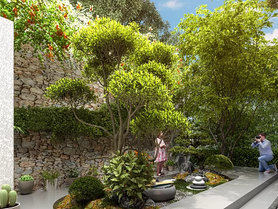 Lush Courtyard Garden Featuring Stone Wall Green Trees Stone Path And Visitors Taking 3d model