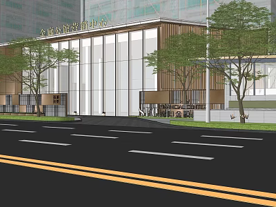 Garden Landscape Design With Modern Glass Facade Building And Street Trees 3d model