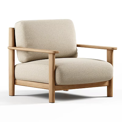 Modern Upholstered Leisure Chair With Beige Fabric And Wooden Armrests In Simple Contemporary Design 3d model