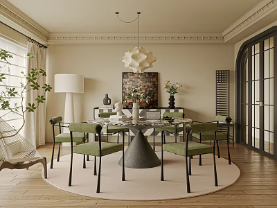 Stylish Restaurant Interior With Round Dining Table Green Chairs Pendant Light And Decorative Art 3d model