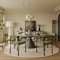 Stylish Restaurant Interior With Round Dining Table Green Chairs Pendant Light And Decorative Art