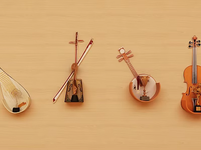 Traditional and Western Musical Instruments Pipa Erhu Banjo Violin on Light Wooden Background 3d model