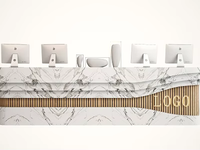 Modern Reception Desk With Marble Surface Multiple Monitors Wooden Strips And Logo 3d model