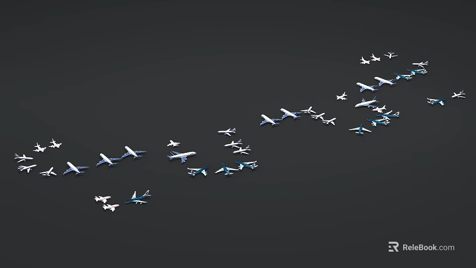 Multiple Passenger Planes Flying In Formation Against Dark Sky Background 3d model 