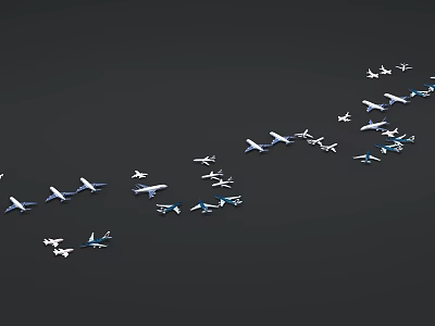 Multiple Passenger Planes Flying In Formation Against Dark Sky Background 3d model