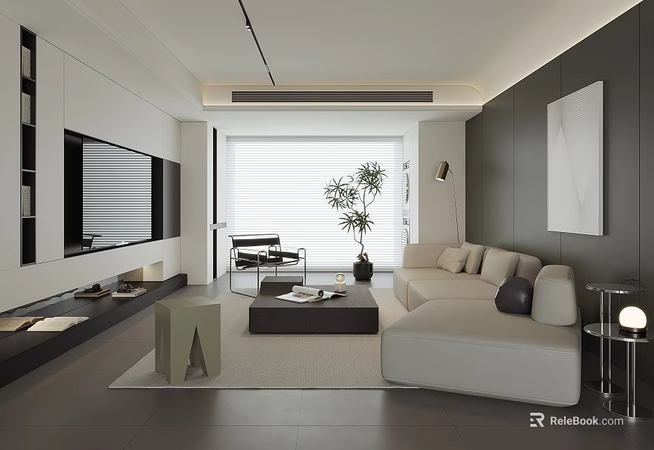 Modern Living Room Interior Design With Light Sofa Coffee Table Large Windows And Potted Plant 3d model 