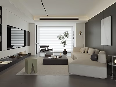Modern Living Room Interior Design With Light Sofa Coffee Table Large Windows And Potted Plant 3d model