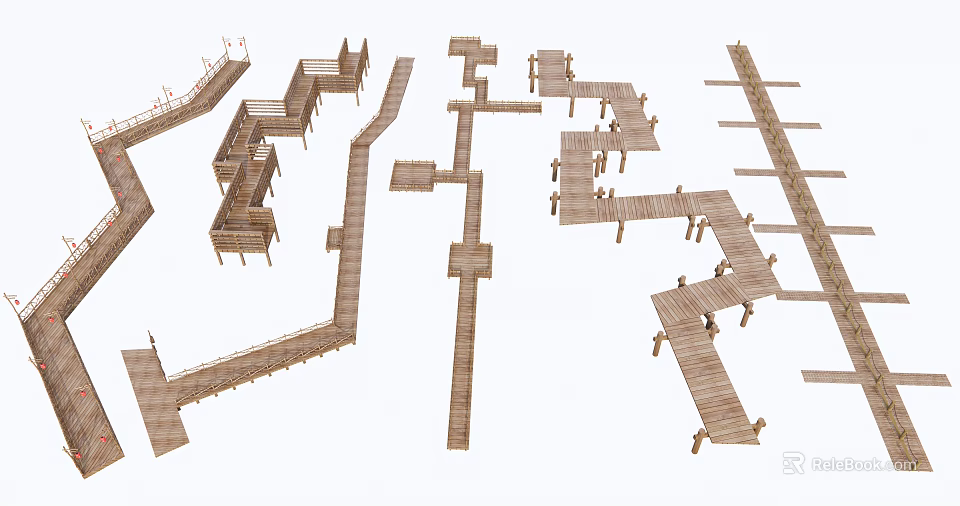 Wooden Boardwalk Road Facilities With Various Shapes And Design Layouts 3d model 